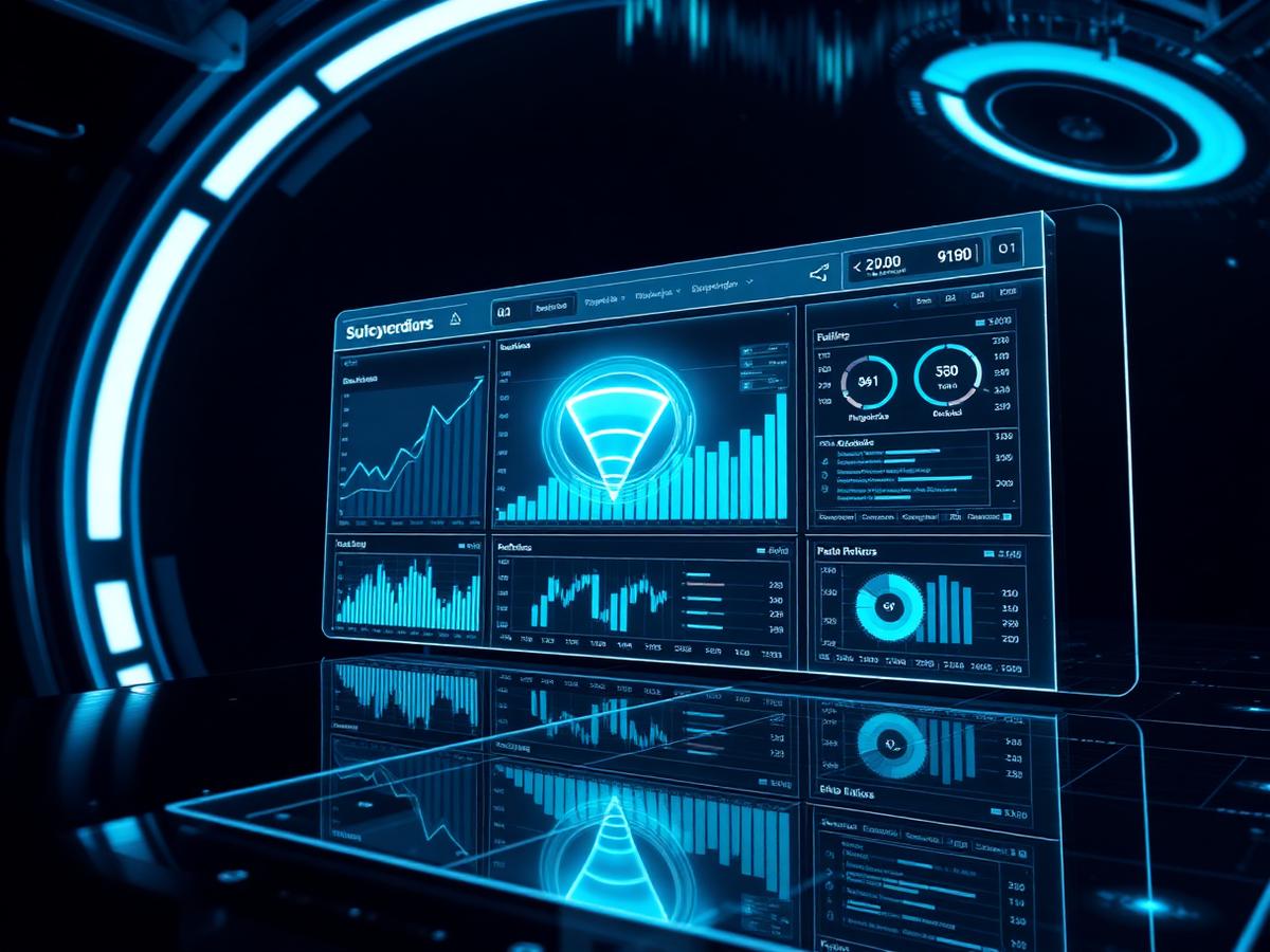 Painel holográfico de métricas e funis de campanhas